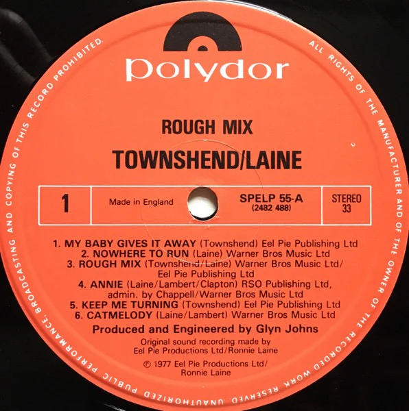 PETE TOWNSHEND & RONNIE LANE, Rough Mix (Polydor; SPELP 55, UK 1983 Reissue) LP VG+/VG+ - Image 3