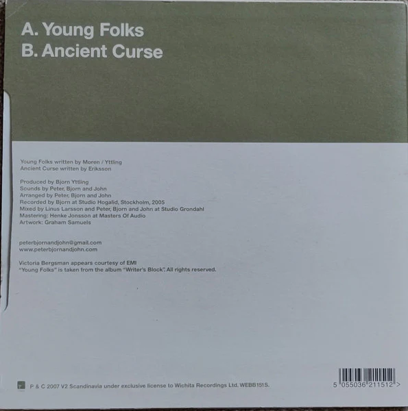 PETER BJORN & JOHN, Young Folks / Ancient Curse (Wichita; WEBB151S, Europe 2007 Reissue) 7" VG/VG - Image 2