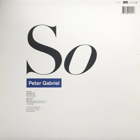 PETER GABRIEL, So (Real World Records; PGLPR5, Europe 2016, Inner, Half-Speed Mastered, 180g) LP VG+/VG+ - Image 2