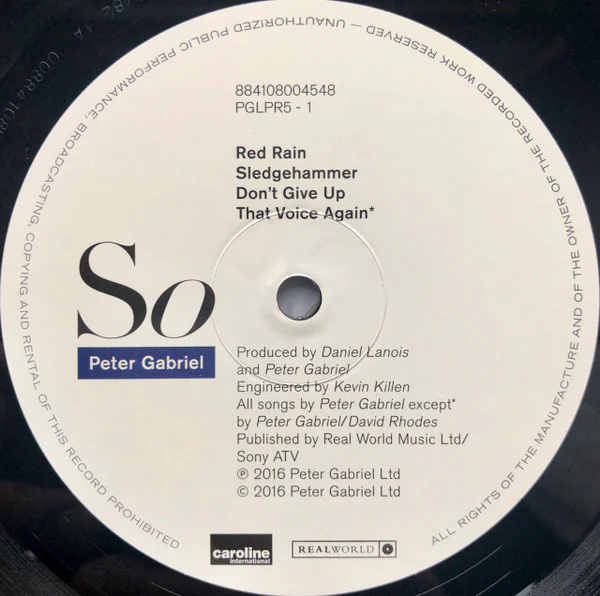 PETER GABRIEL, So (Real World Records; PGLPR5, Europe 2016, Inner, Half-Speed Mastered, 180g) LP VG+/VG+ - Image 3