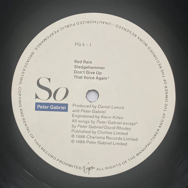 PETER GABRIEL, So (Charisma; PG 5, UK 1986, Inner, TOWNHOUSE / COPPERMAN Runouts) LP VG+/VG - Image 3