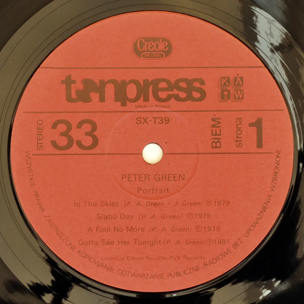 PETER GREEN, Portrait (Tonpress; SX-T39, Poland 1985), SALE - Up to 50% Off the Original Price LP VG/VG - Image 3