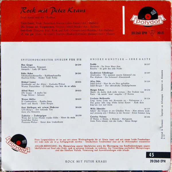 PETER KRAUS, Rock Mit Peter Kraus (Polydor; 20 260 EPH, Germany 1957, Picture Sleeve) 7" EP VG+/VG - Image 2