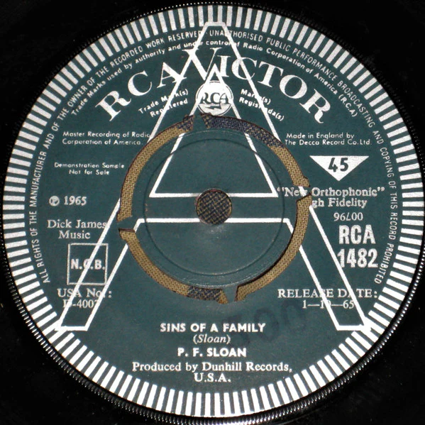 P.F. SLOAN, Sins Of A Family / This Mornin' (RCA Victor; RCA 1482, UK 1965, Promo) 7" /G+