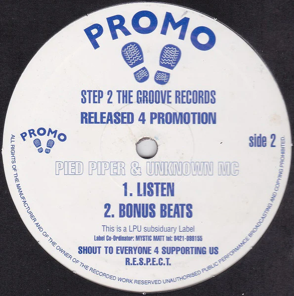 PIED PIPER & UNKNOWN MC, Released 4 Promotion (Step 2 The Groove Records; PNUT-1, UK 1997) 12" /VG+ - Image 2