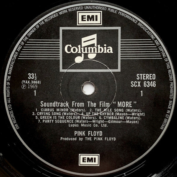 PINK FLOYD, Soundtrack From The Film "More" (Columbia; SCX 6346, UK 1973 Reissue, Laminated Front Non Flipback G&L Sleeve, Two EMI Logos on Labels, Couple on Rear Sleeve Photo Left Aligned) LP VG/G+ - Image 3