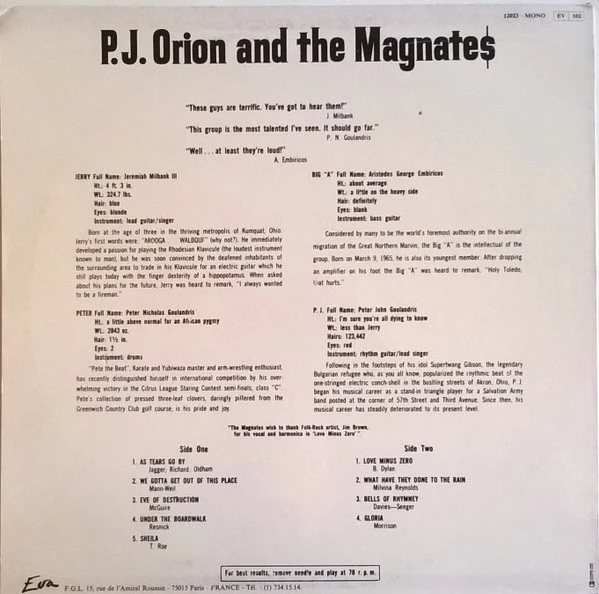 P.J. ORION AND THE MAGNATES, P.J. Orion And The Magnates (Eva; 12023, France 1983 Reissue, Mono) LP VG/VG - Image 2