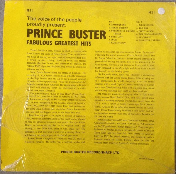 PRINCE BUSTER, Fabulous Greatest Hits (FAB; MS 1, UK 1970s Reissue, Non-Laminated Sleeve) LP VG/G+ - Image 2