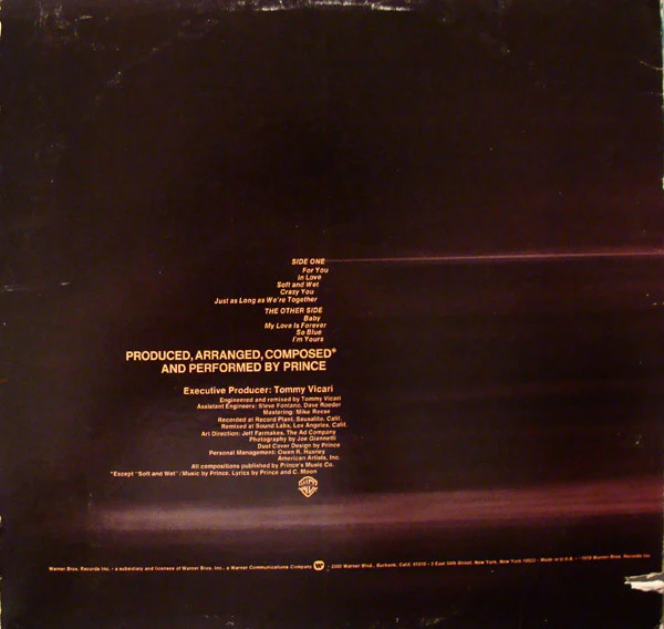 PRINCE, For You (Warner Bros. Records; BSK 3150, US 1978 Reissue, Inner) LP VG/VG - Image 2