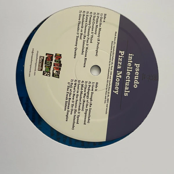 PSEUDO INTELLECTUALS, Pizza Money (Chopped Herring Records; CHP5EUDOLP2, UK 2021, Traanslucent Blue with Black splatter) LP VG/VG+ - Image 3