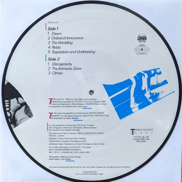 PSYCHIC TV, Mouth Of The Night (Temple Records; TOPIC 010, UK 1985, Clear Plastic Sleeve, Picture Disc, Ltd to 2300, Hand Numbered on small card insert) LP /VG+ - Image 2