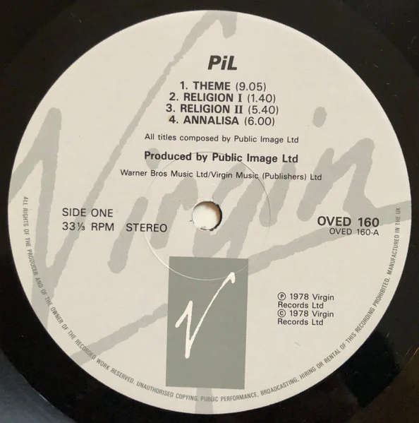 PUBLIC IMAGE LIMITED (PIL), First Issue (Virgin Grey Label; OVED 160, UK 1986 Reissue, Inner) LP VG/VG - Image 3