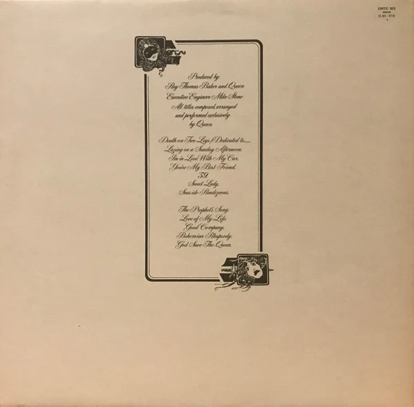 QUEEN, A Night At The Opera (EMI; EMTC 103, UK 1975, Embossed Gatefold Sleeve With No Copyright Crest, Inner With Three Cut Corners, Blair's Cut Side B Only) LP VG/VG - Image 2