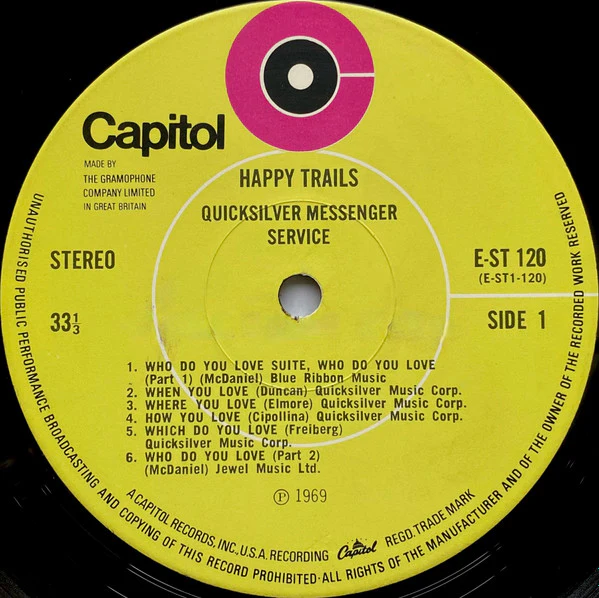 QUICKSILVER MESSENGER SERVICE, Happy Trails (Capitol Green; EST120, UK 1969 Reissue, Laminated Front Sleeve - Non-Flipback, Stereo) LP VG+/VG+ - Image 3