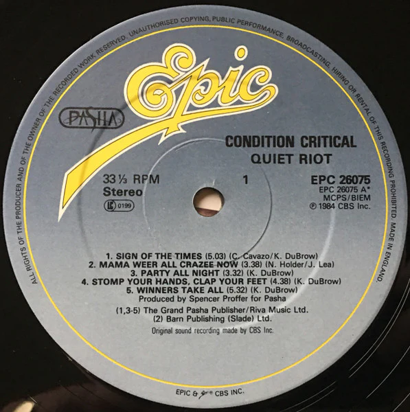 QUIET RIOT, Condition Critical (Epic Light Blue / Yellow Logo; EPC 26075, UK 1984, Inner) LP VG/VG+ - Image 3