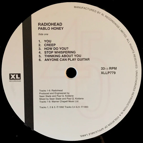 RADIOHEAD, Pablo Honey (XL; XLLP779, US 2016 Reissue, Inner) LP NEW/NEW - Image 3