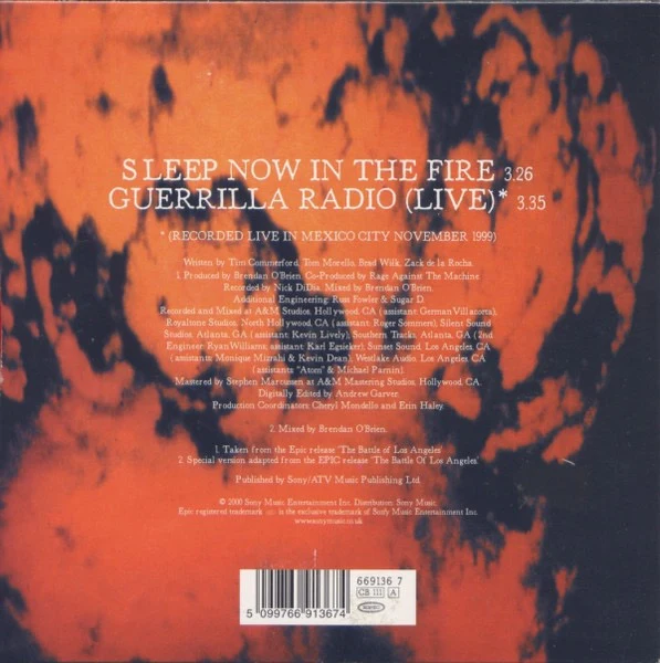 RAGE AGAINST THE MACHINE, Sleep Now In The Fire (Epic; 669136 7, UK 2000 Reissue, Stickered Picture Sleeve, Numbered Limited Edition Red Vinyl) 7" VG/VG - Image 2