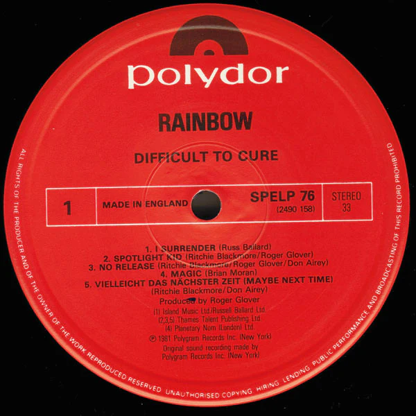 RAINBOW, Difficult To Cure (Polydor Red Labels; SPELP 76, UK 1984 Reissue, Made In England On labels) LP VG/VG - Image 3
