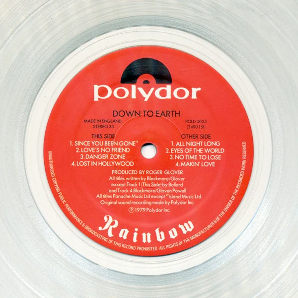 RAINBOW, Down To Earth (Polydor; POLD 5023, UK 1979, Inner, Clear Vinyl.) LP VG/VG+ - Image 3
