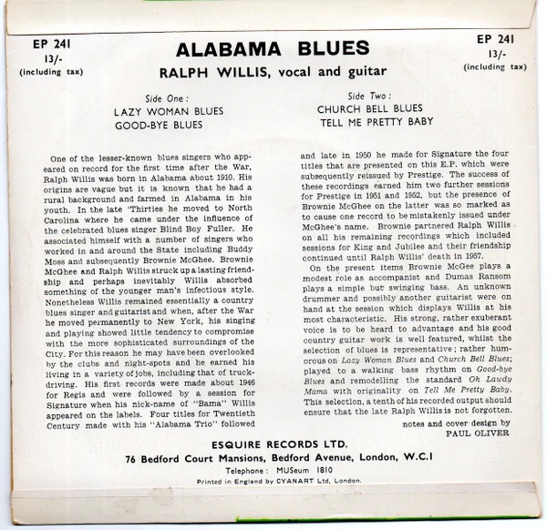 RALPH WILLIS, Alabama Blues (Esquire; EP 241, UK 1961, Picture Sleeve), SALE - Up to 50% Off the Original Price  7" VG/VG+ - Image 2
