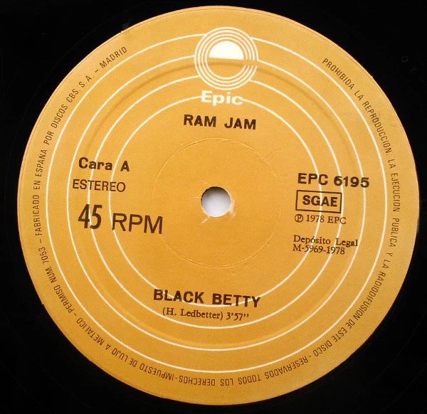 RAM JAM, Black Betty (Epic; EPC 6195, Spain 1978), SALE - Up to 50% Off the Original Price  12" G+/G+ - Image 3