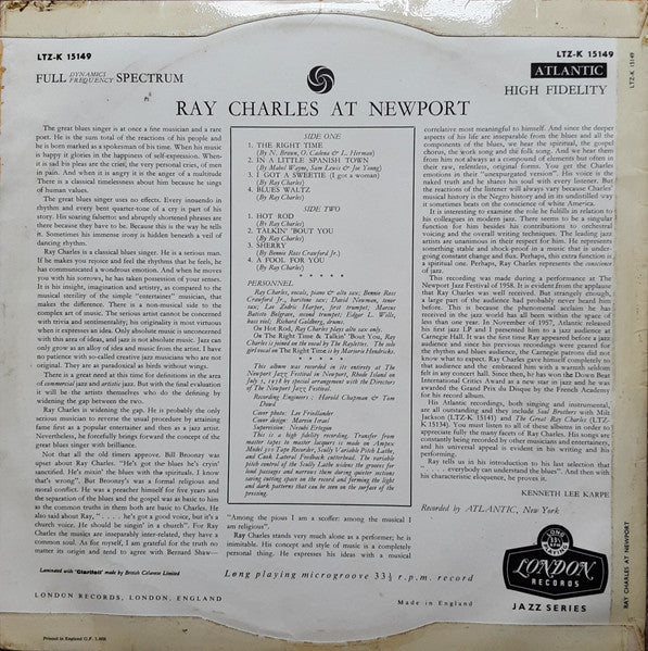 RAY CHARLES, Ray Charles At Newport (London Records; LTZ-K 15149, UK , Laminated Front Sleeve, Mono) LP VG/VG - Image 2