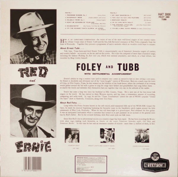 RED FOLEY AND ERNEST TUBB, Red And Ernie (Stetson; HAT 3000, UK 1980s Reissue) LP VG/VG - Image 2