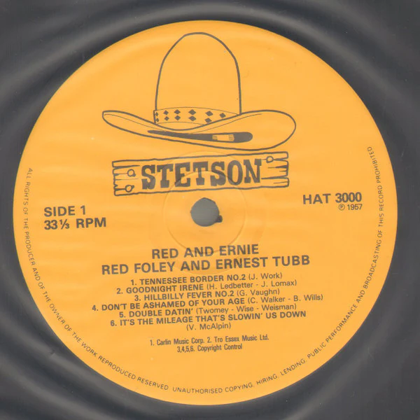 RED FOLEY AND ERNEST TUBB, Red And Ernie (Stetson; HAT 3000, UK 1980s Reissue) LP VG/VG - Image 3
