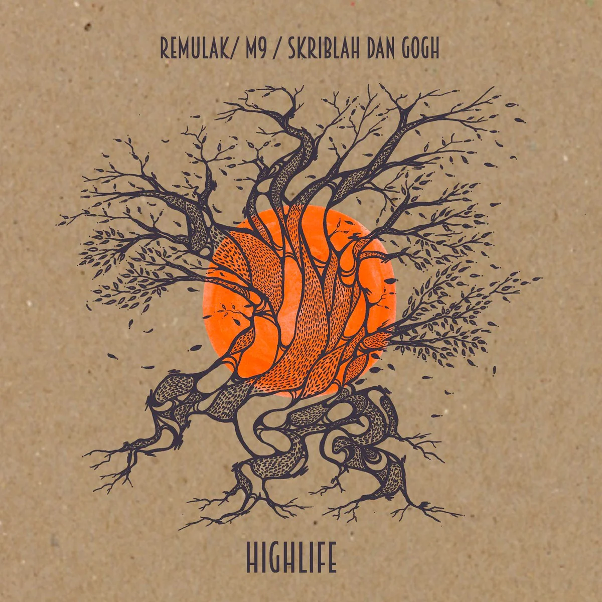 REMULAK, M9, SKRIBLAH DANGOGH, EVIL ED, Highlife / Highlife (Evil Ed Remix) (Village Live; TVI004, UK 2016, Picture Sleeve, 9 Stickers, Orange Vinyl) 7" EX/EX