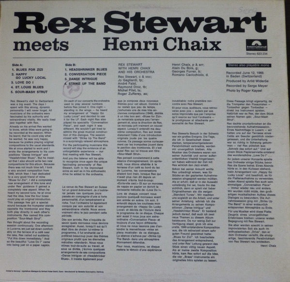 REX STEWART, HENRI CHAIX, Rex Stewart Meets Henri Chaix (International Polydor Production; 623 234, Germany 1966, Laminated Sleeve) LP VG+/VG - Image 2