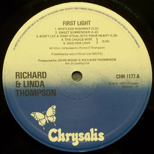 RICHARD AND LINDA THOMPSON, First Light (Chrysalis Blue/White; CHR1177, UK 1978) LP VG+/VG+ - Image 3