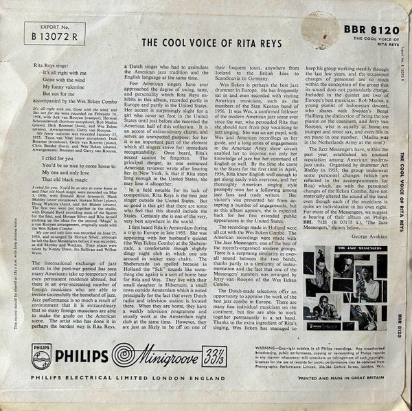 RITA REYS WITH THE WESSEL ILCKEN COMBO, The Cool Voice Of Rita Reys (Philips; BBR.8120, UK 1957, Laminated Front Sleeve, Mono) 10" LP G/VG+ - Image 2