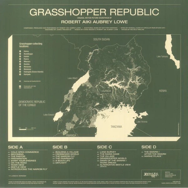ROBERT AIKI AUBREY LOWE, Grasshopper Republic (Original Motion Picture Soundtrack) (Invada; INV307LP, UK 2023, Gatefold, News Paper, Limited Edition, Green & Yellow Split Color) LP EX/EX - Image 2