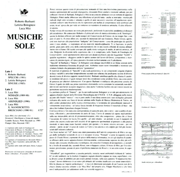 ROBERTO BARBANTI - LETIZIA BOLOGNESI - LUCA MITI, Musiche Sole (Electronikaruna ; none, Italy 1993) LP VG+/VG+ - Image 2
