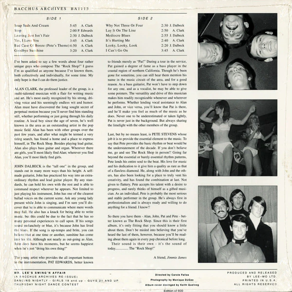 ROCK SHOP, Mr. Lee's "Swing'n Affair" Presents (Bacchus Archives; BA 1115, US 1997), SALE - Up to 50% Off the Original Price  LP EX/VG+ - Image 2