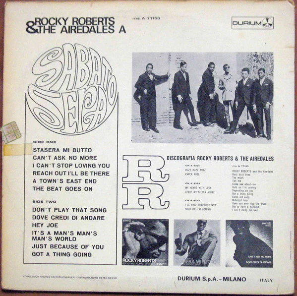 ROCKY ROBERTS & THE AIREDALES, Sabato Sera (Durium; ms A 77163, Italy 1967, Non Flipback Laminated Sleeve) LP VG/G+ - Image 2