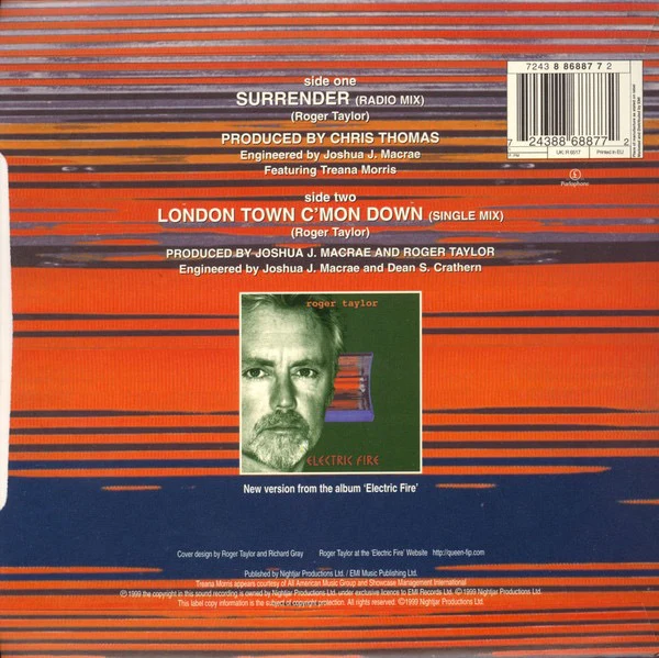 ROGER TAYLOR, Surrender (Parlophone; 7243 8 86887 7 2, UK 1999, Picture Sleeve, Numbered Limited Edition Picture Disc) 7" VG/VG - Image 2