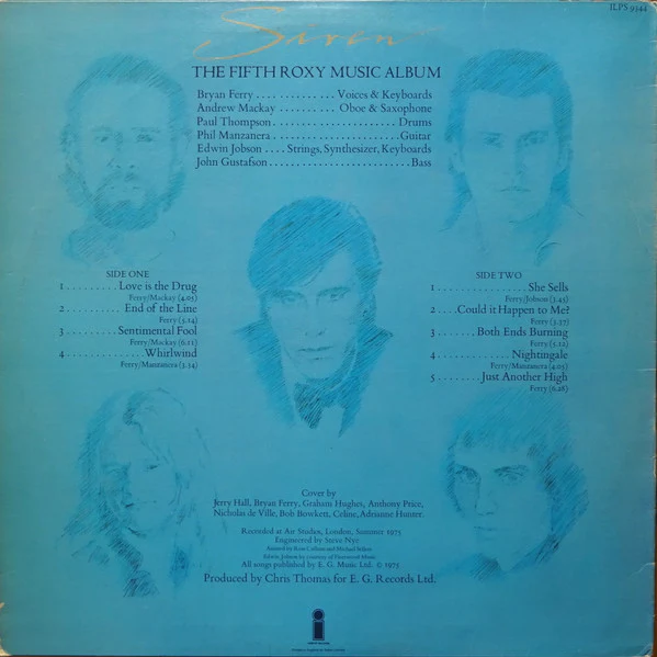 ROXY MUSIC, Siren (Island Records; ILPS 9344, UK 1975, Company Inner, White Island Logos Both Sides.) LP VG/VG+ - Image 2