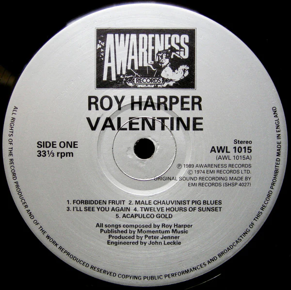 ROY HARPER, Valentine (Awareness Records; AWL 1015, UK 1989) LP VG+/VG+ - Image 3