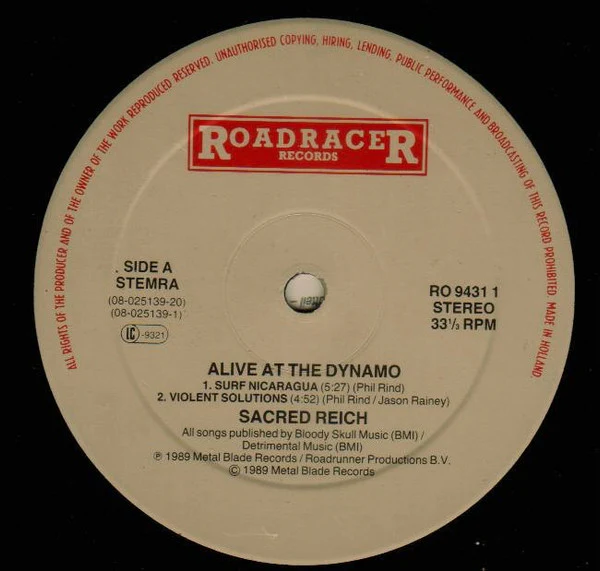 SACRED REICH, Alive At The Dynamo (Roadracer Records; RO 9431 1, Europe 1989, Inner) Mini-LP VG+/G+ - Image 3