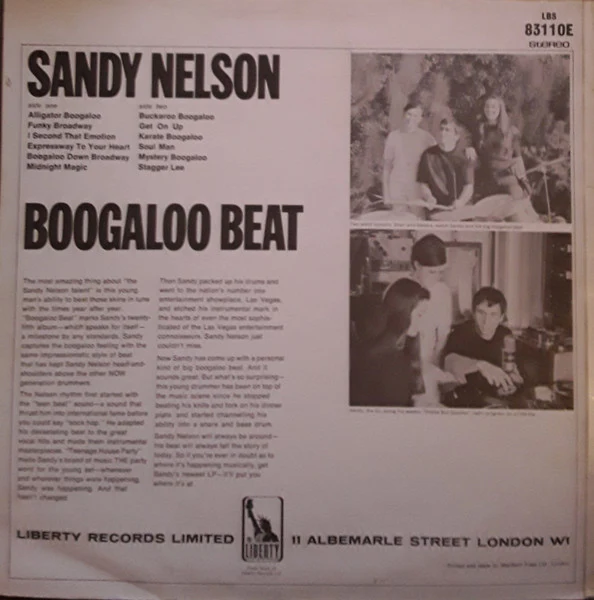 SANDY NELSON, Boogaloo Beat (Liberty; LBS83110E, UK 1968, Laminated Sleeve, Stereo) LP VG/VG - Image 2