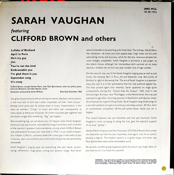 SARAH VAUGHAN, Sarah Vaughan (Mercury ; 125 061 MCL, UK 1964 Reissue, Laminated Pasteback Sleeve, Mono) LP VG/VG - Image 2