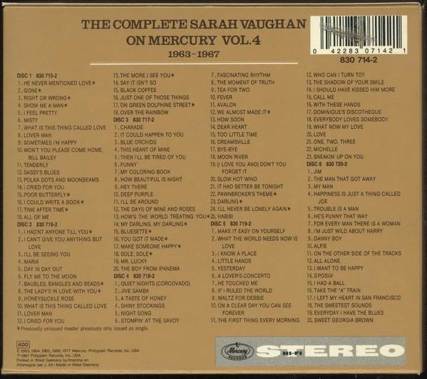 SARAH VAUGHAN, The Complete Sarah Vaughan On Mercury Vol. 4 1963-1967 (Mercury; 830 714-2, Germany 1987, Slipcase, Booklet) 6xCD VG/VG - Image 2