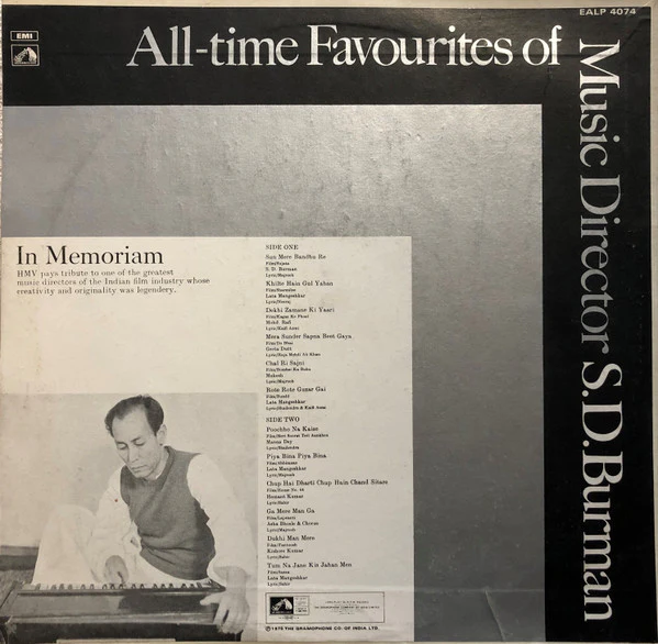 S.D. BURMAN, All-Time Favorites Of Music Director S.D. Burman (In Memoriam) (His Master's Voice; EALP 4074, India 1975) LP VG/VG - Image 2