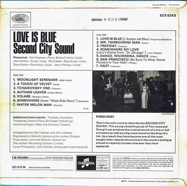 SECOND CITY SOUND, Love Is Blue (Columbia Blue/Black; SCX 6243, UK 1968, Laminated Flipback Sleeve) LP VG/VG+ - Image 2