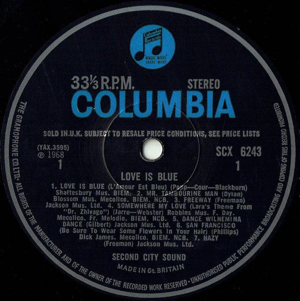 SECOND CITY SOUND, Love Is Blue (Columbia Blue/Black; SCX 6243, UK 1968, Laminated Flipback Sleeve) LP VG/VG+ - Image 3