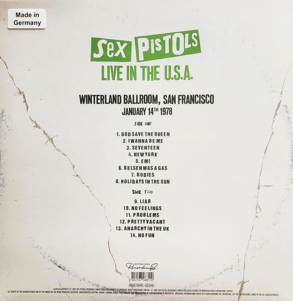SEX PISTOLS, Live In The U.S.A. (Winterland Ballroom, San Francisco) (January 14th 1978) (Universal Music Recordings; SexPissLive1978LP3, Worldwide 2025) LP NEW/NEW - Image 2