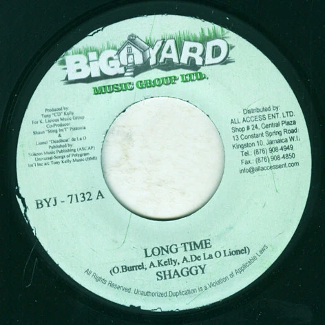 SHAGGY, Long Time (Big Yard Music Group Ltd.; BYJ-7132, Jamaica 2009), SALE - Up to 50% Off the Original Price 7" /G+