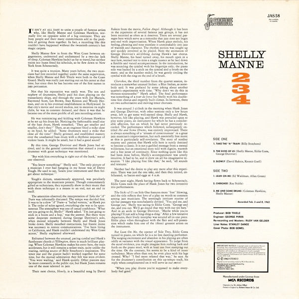 SHELLY MANNE, 234 (Jasmine Records; JAS 58, UK 1983 Reissue) LP VG/VG - Image 2