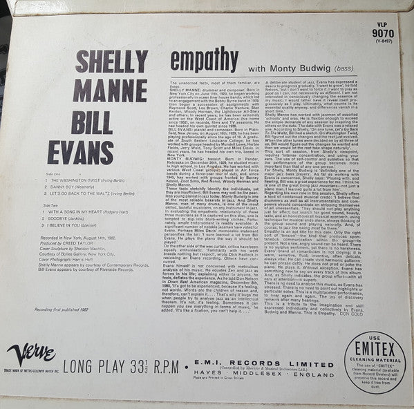 SHELLY MANNE / BILL EVANS WITH MONTY BUDWIG, Empathy (Verve Records; VLP 9070, Verve Records    V-8497, UK 1962, Laminated Flipback Sleeve, Mono) LP G+/VG - Image 2
